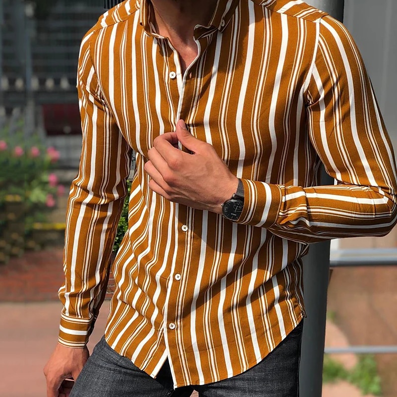 Men's Shirt Summer Shirt Casual Shirt Button Up Shirt Striped Shirts White Yellow Long Sleeve Striped Turndown Vacation Street Clothing Apparel Cotton Cotton Blend Fashion Leisure Comfortable 2025 - $21.99 –P2