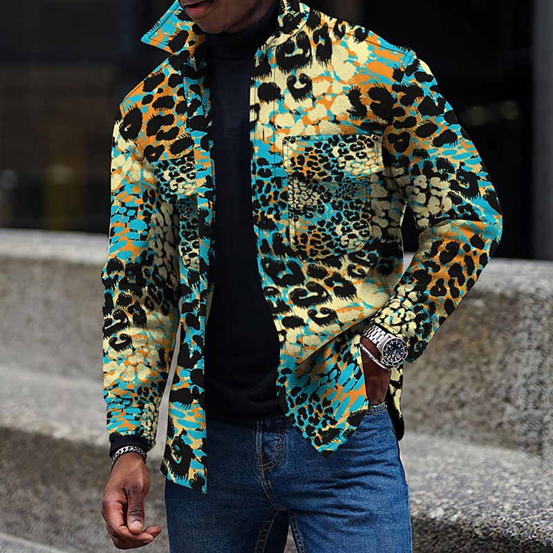 Herr Leopard Skjorta jacka Övertröja Långärmad Mode Streetwear Ledigt vardag Sport & Utomhus Dagliga kläder Helgen Höst vinter Nedvikt Knappar Ficka Mönster Gul Blå Brun Grön 2025 - $37.99 –P2