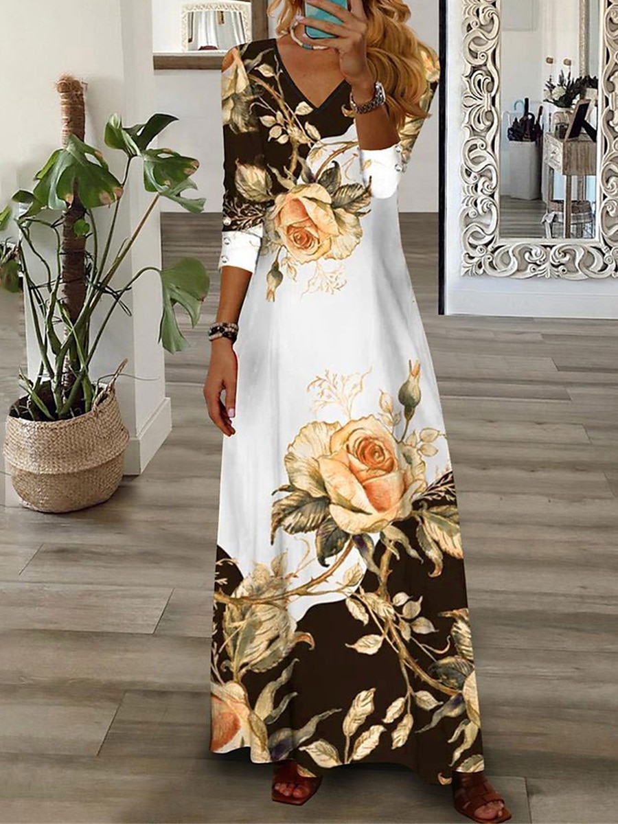Kjolen Maxi Casual Kjole Blomstertrykk V-Hals Maxi Lang Kjole Casual Daglig Ferie 3/4 Langt Erme Sommer Vår 2025 - $36.99 –P1