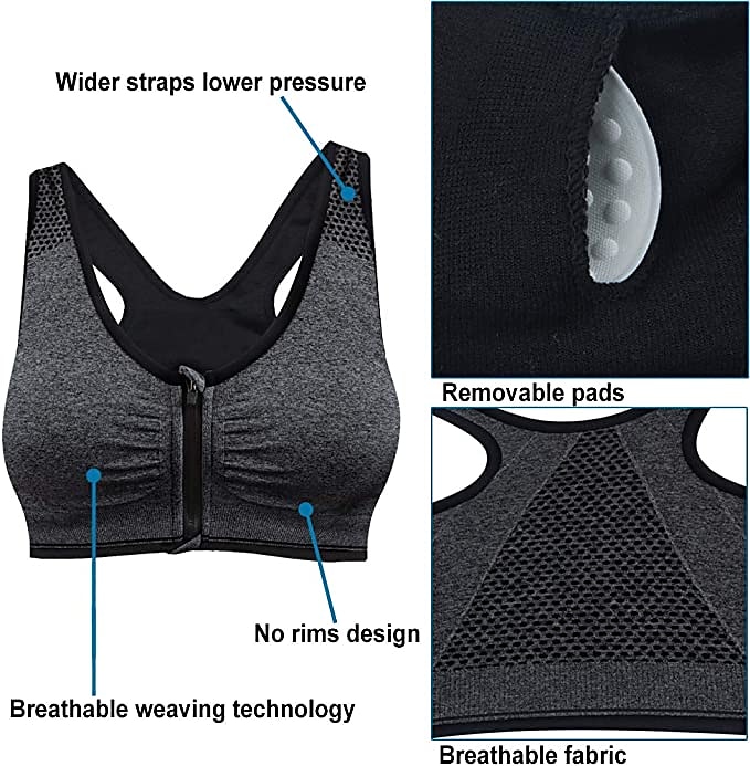  Zip Front Sports Bras for Women, No Rims Padded Yoga