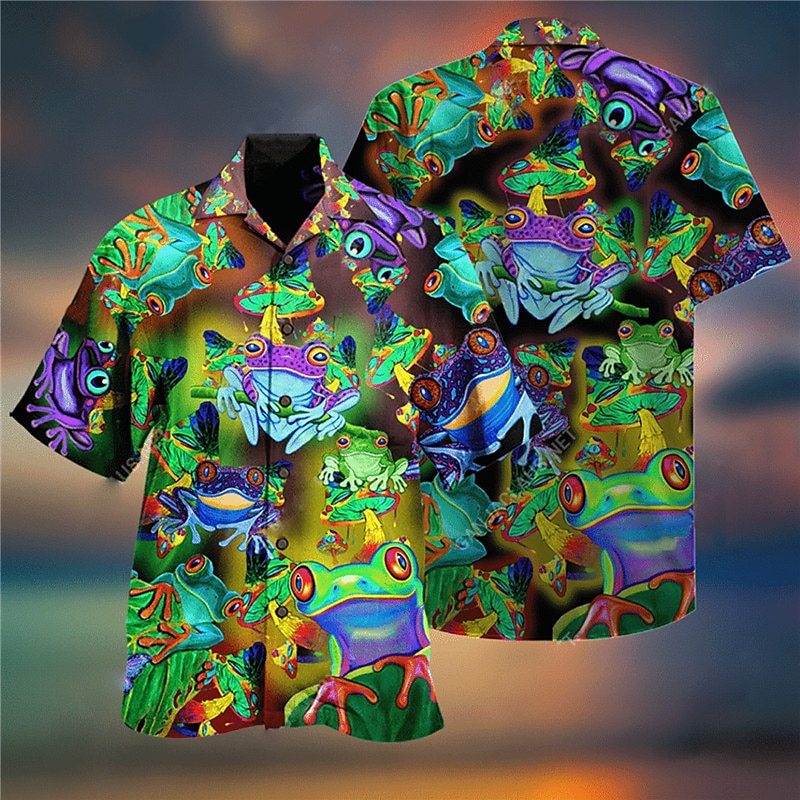 Herr Tropisk Groda Skjorta Hawaii skjorta Aloha skjorta Kort ärm Skjorta Nedvikt Tropisk Mode Hawaiisk Utomhus Gata Hawaiisk Grön S M L 2025 - $24.99 –P1