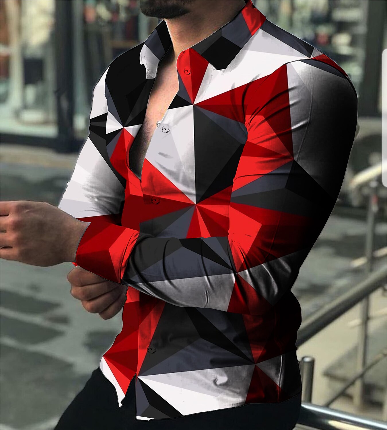 thumbnail image 2 of Men's Fashion Colorblock Long Sleeve T-Shirt – Red & Black, Retro Sports Graphic, Knit Polyester – S To 2XL 2 of 6