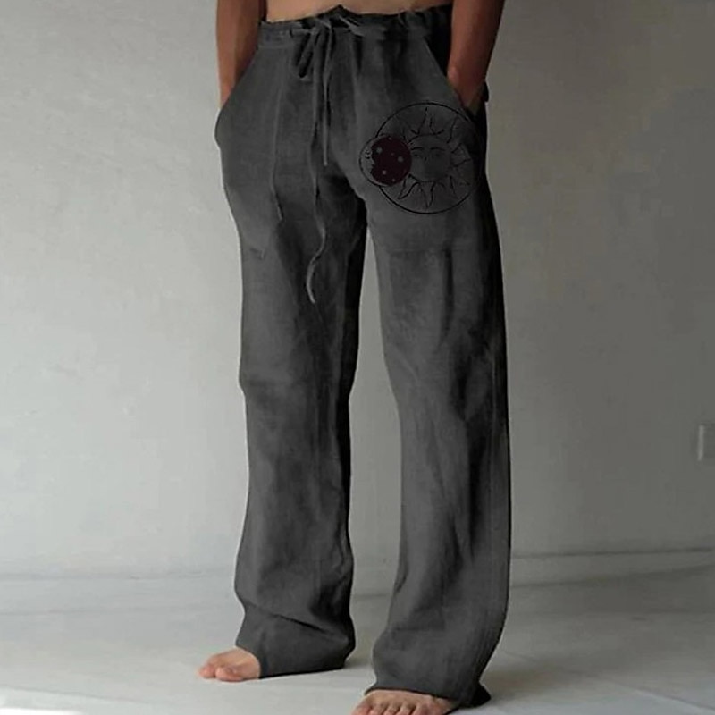 Homens Calças de linho Calças Calça verão Calças de praia Bolsos Com Cordão Imprimir Sol Estampas Abstratas Conforto Ao ar livre Diário Para Noite Roupa de rua à moda Branco Amarelo de 2026 por $24.99 –P9