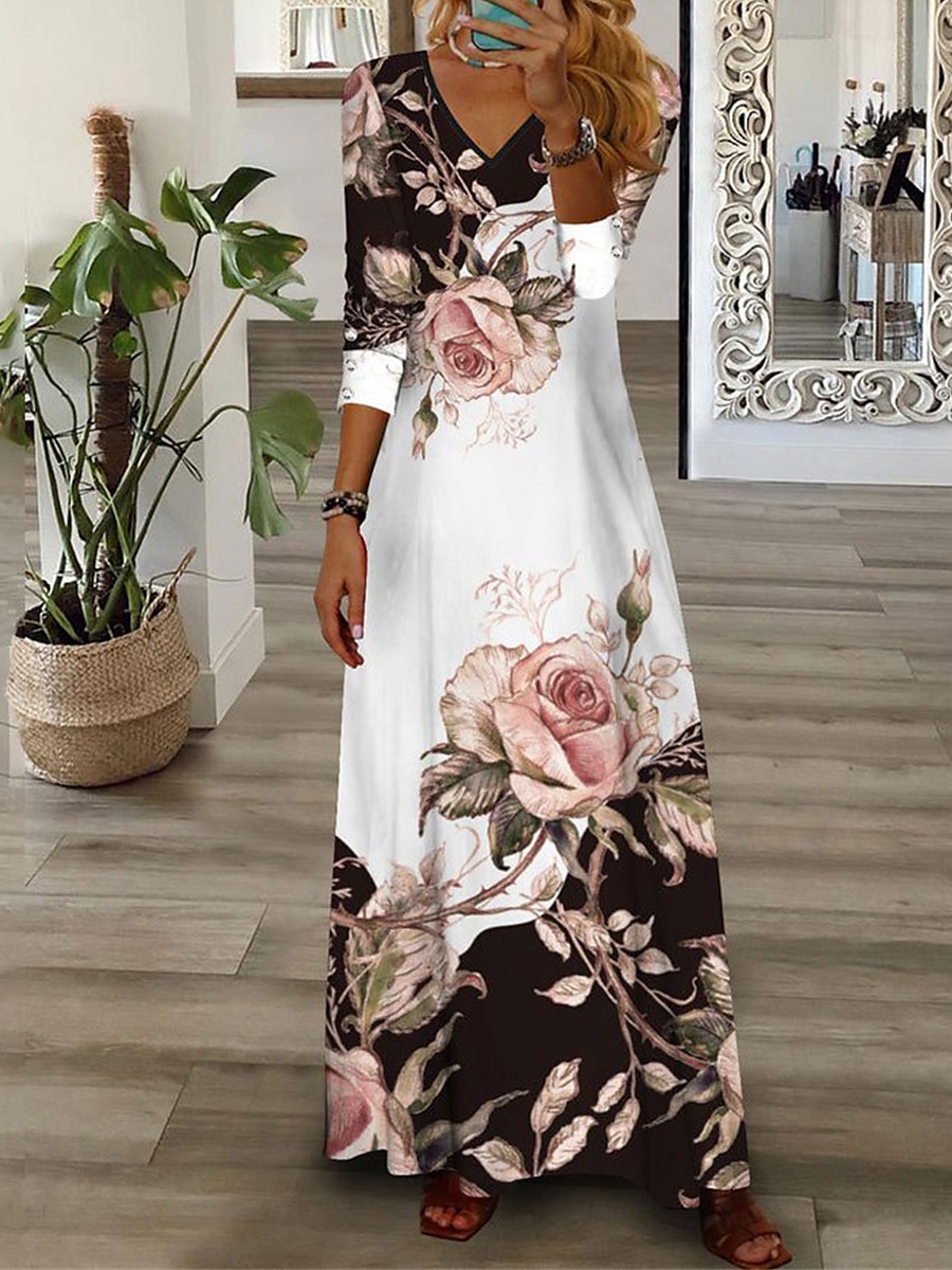 Kjolen Maxi Casual Kjole Blomstertrykk V-Hals Maxi Lang Kjole Casual Daglig Ferie 3/4 Langt Erme Sommer Vår 2025 - $36.99 –P4