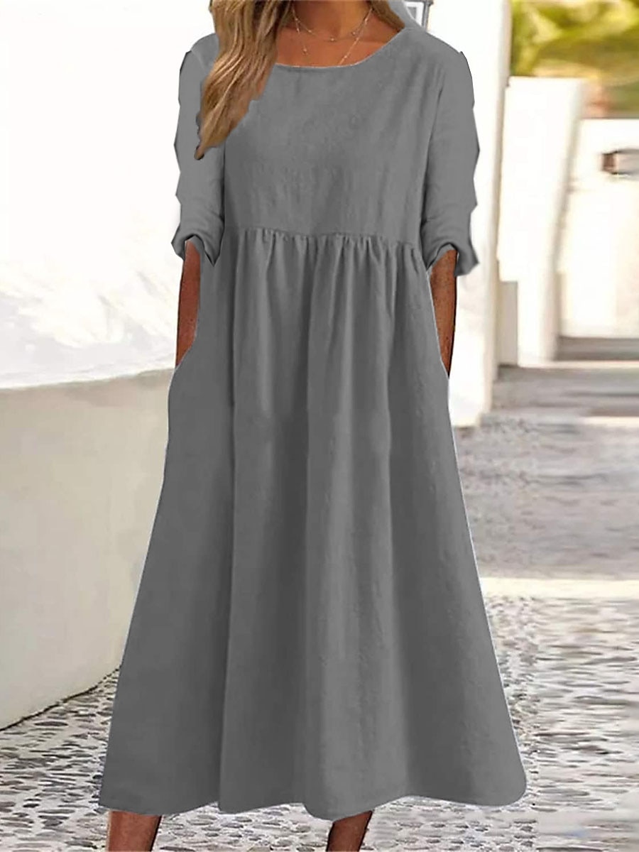 Women's Casual Dress Cotton Linen Dress Swing Dress Midi Dress Cotton Blend Basic Classic Outdoor Daily Vacation Crew Neck Pocket Long Sleeve Summer Spring Fall 2023 Loose Fit Black Gray Plain S M L 2023 - US $31.99 –P1