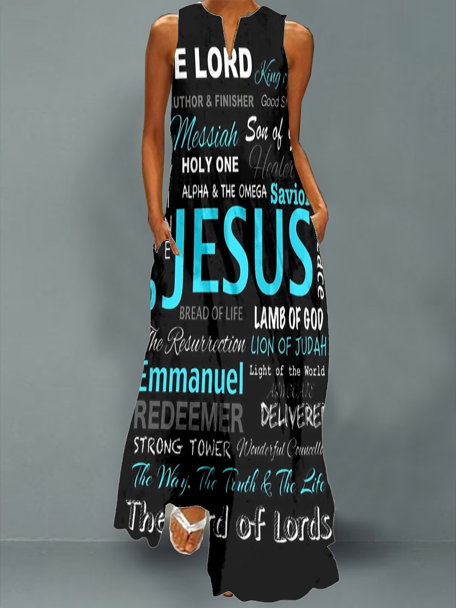 Damen Maxi-Kleid Kreuz Freizeitkleid Schwingkleid Druckkleid Brief Freizeit Urlaub Strand Tasche Druck Ärmellos V-Ausschnitt Kleid Lockerer Schnitt Schwarz Weiß Grün Frühling 2025 - $36.99 –P2