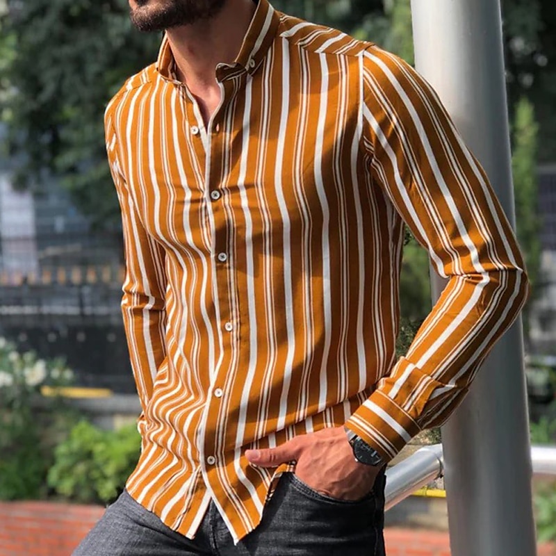 Men's Shirt Summer Shirt Casual Shirt Button Up Shirt Striped Shirts White Yellow Long Sleeve Striped Turndown Vacation Street Clothing Apparel Cotton Cotton Blend Fashion Leisure Comfortable 2025 - $21.99 –P5