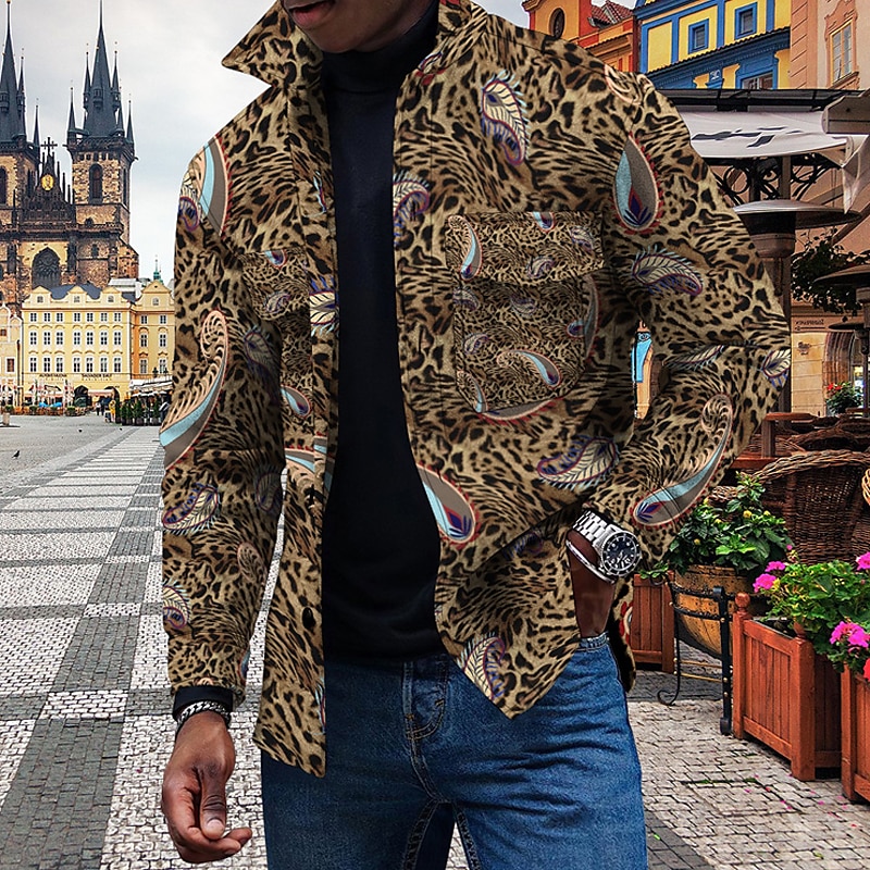 Herr Leopard Skjorta jacka Övertröja Långärmad Mode Streetwear Ledigt vardag Sport & Utomhus Dagliga kläder Helgen Höst vinter Nedvikt Knappar Ficka Mönster Gul Blå Brun Grön 2025 - $37.99 –P1