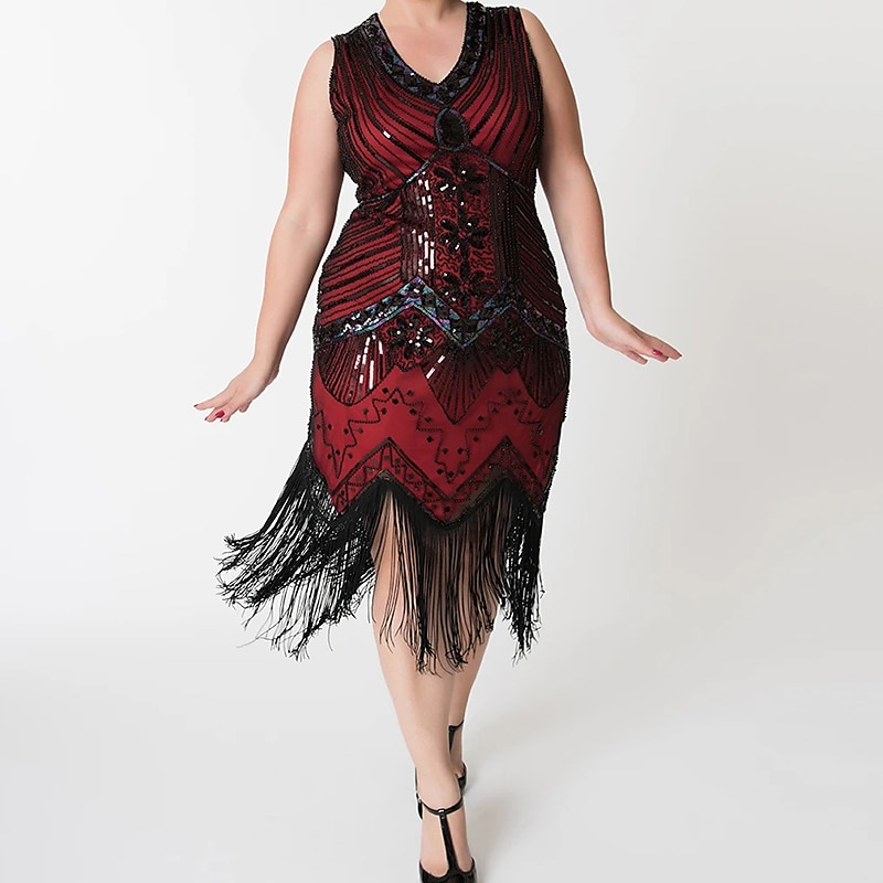 Anni Ruggenti Anni 1920 Midi Vestito Abito Flapper Abito da Ballo Taglie Forti Normale Senza maniche Il grande Gatsby Charleston Invitato al matrimonio Paillettes Scollo a V Costume Per donna del 2026 a $44.99 –P10
