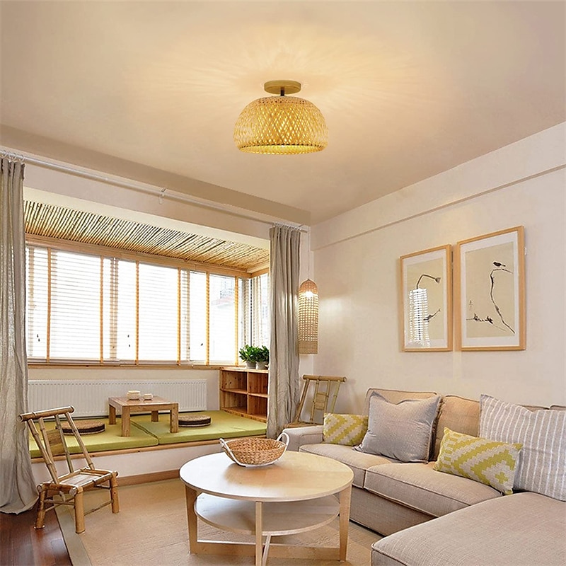 plafoniera a led in rattan boho apparecchi di illuminazione a soffitto, plafoniera a semi incasso in rattan con paralume a gabbia intrecciata a mano, plafoniera moderna per corridoio cucina camera da del 2025 a $86.99 –P6