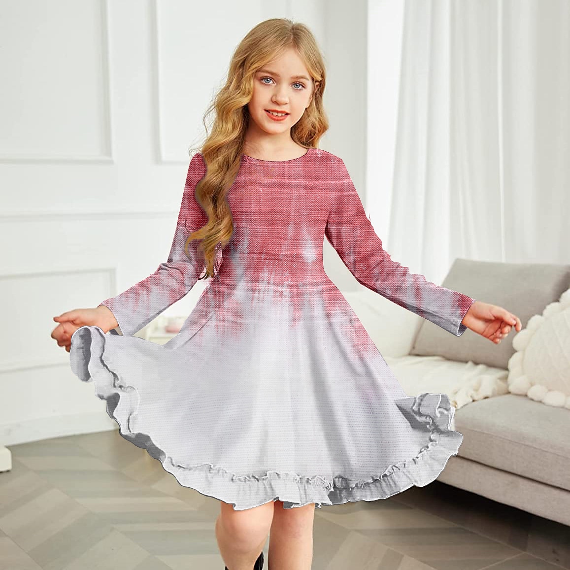 Barn Jente Kjole Blomstret Fargeblokk Gradert Langermet utendørs Avslappet Fritid Søt Polyester Ovenfor knéet Kjole med A-linje Sommer Vår Høst 4-12 år Flerfarget Svart Hvit 2025 - $18.99 –P3