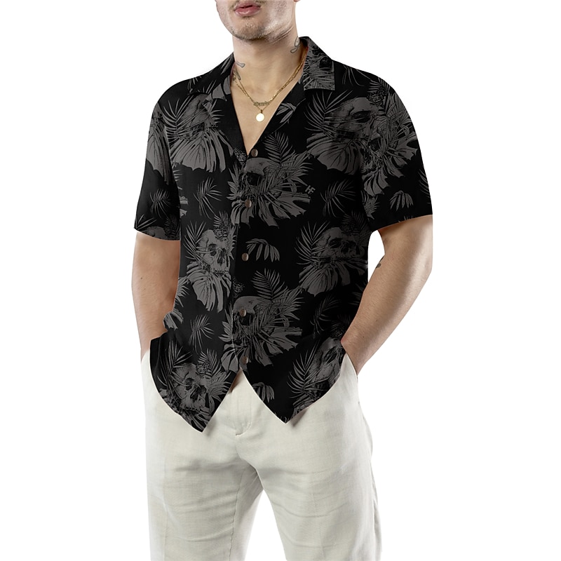 Voor heren Doodskoppen Bladeren Tropische planten Overhemd Hawaiiaans overhemd Aloha-shirt Korte mouw Overhemd Strijkijzer Tropisch Modieus Hawaii Casual Hawaii Feestdagen Zwart Paars Bruin S M L 2025 - $24.99 –P5