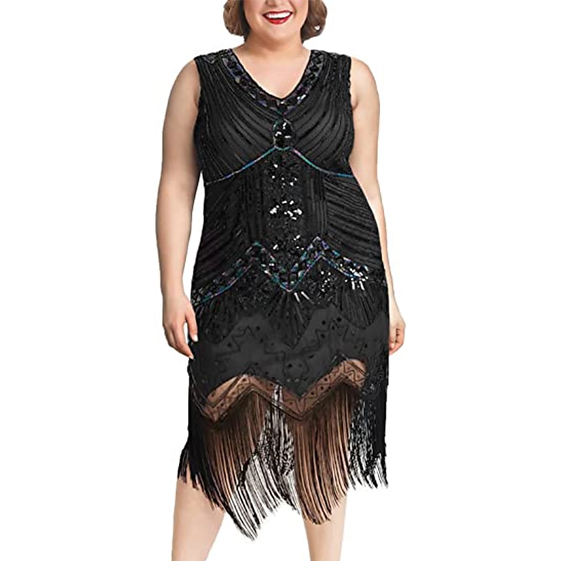 Set Anni Ruggenti Anni 1920 Lunghezza al ginocchio Abito Flapper Abito da cocktail Set di accessori con accessori Taglie Forti Normale Senza maniche Il grande Gatsby Invitato al matrimonio Paillettes del 2026 a $63.99 –P3