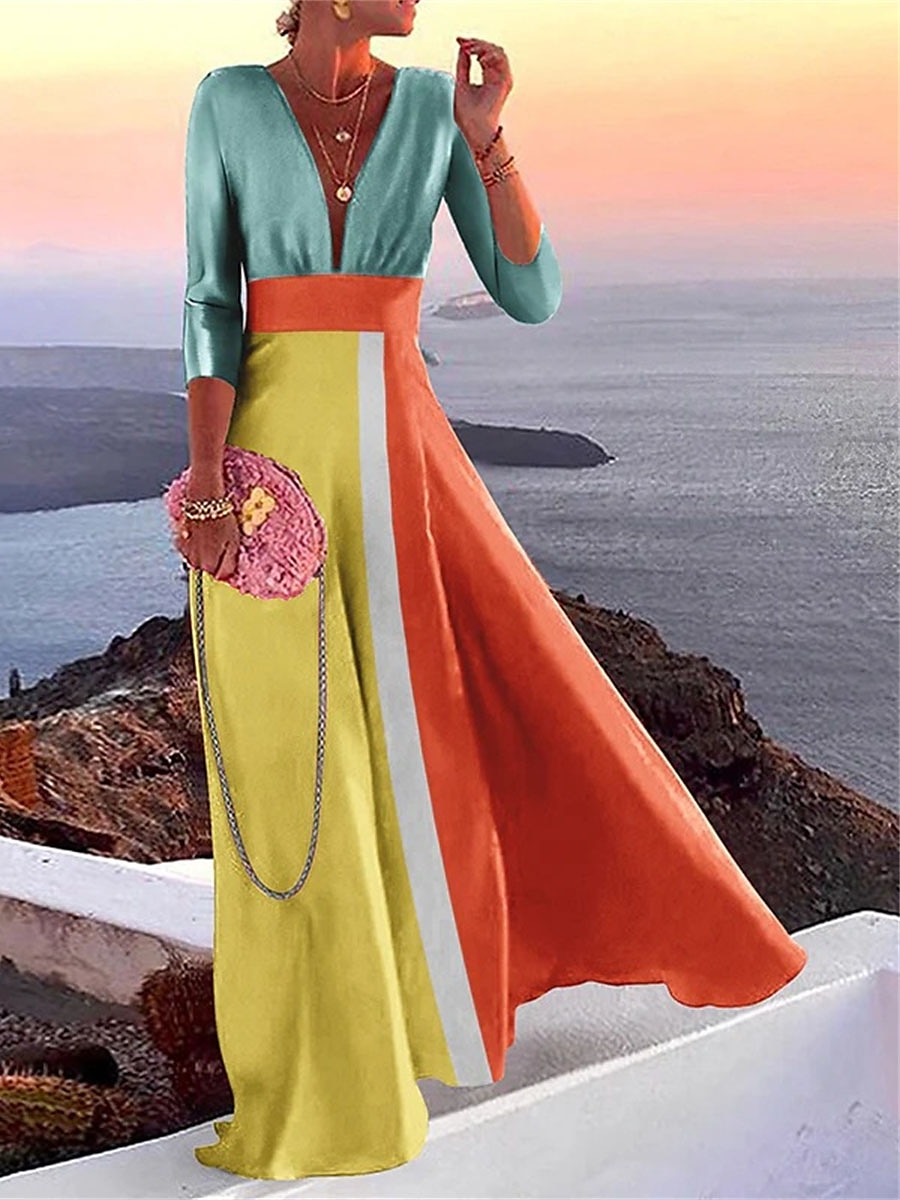 abito casual da donna color block patchwork scollo a V maxi abito lungo casual quotidiano manica 3/4 estate primavera del 2025 a $57.99 –P1