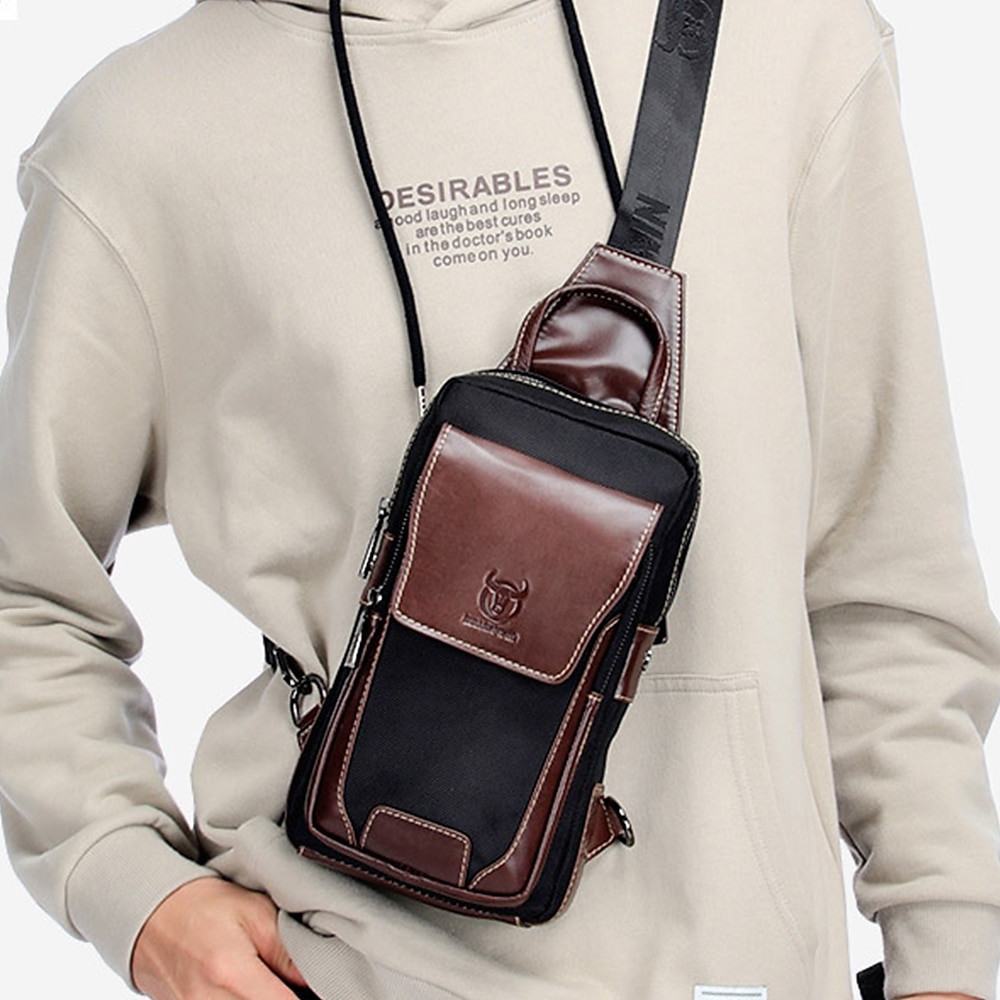 Borsa a tracolla da uomo in pelle bovina di alta qualità e nylon - design multitasche con tracolla regolabile per viaggi e uso quotidiano del 2025 a $42.99 –P1