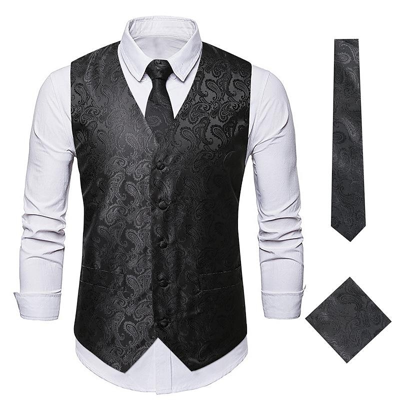 Men's Vest Tie Set Paisley Floral Jacquard Necktie Pocket Square 3PCS Waistcoat Retro Vintage Rococo for Suit or Tuxedo Wedding Party Masquerade 2025 - GBP £25 –P11