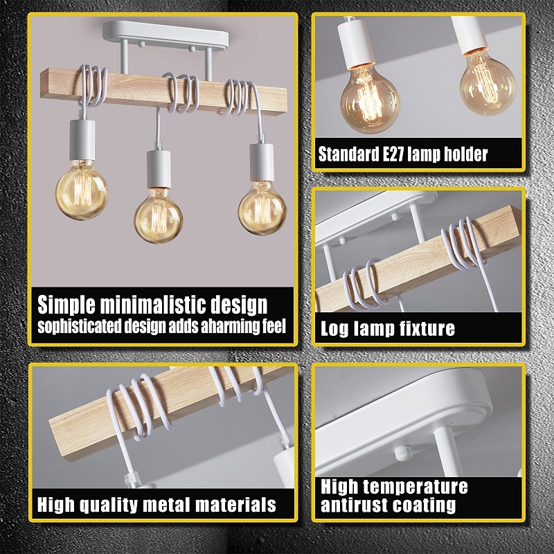 Luz pingente led madeira industrial com lustre pendente ajustável de 3 cabeças luz vintage semi embutida luz de teto sala de estar e27 lâmpada drop light cozinha sala de jantar luz preta suspensa de 2025 por $135.99 –P4