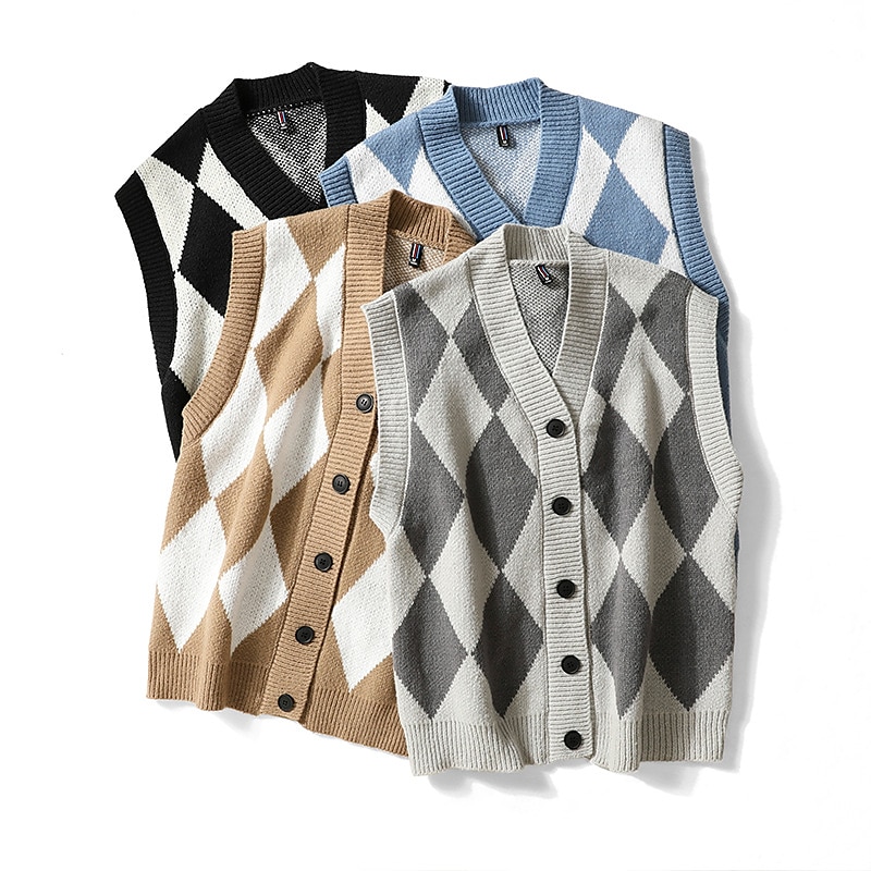 Herren Pullunder Strickjacke Gerippt Stricken Taste Strick Geometrisch V Ausschnitt Moderne zeitgenössische Freizeitskleidung Ausgehen Bekleidung Ärmellos Herbst Winter Schwarz Blau M L XL 2025 - $28.99 –P5