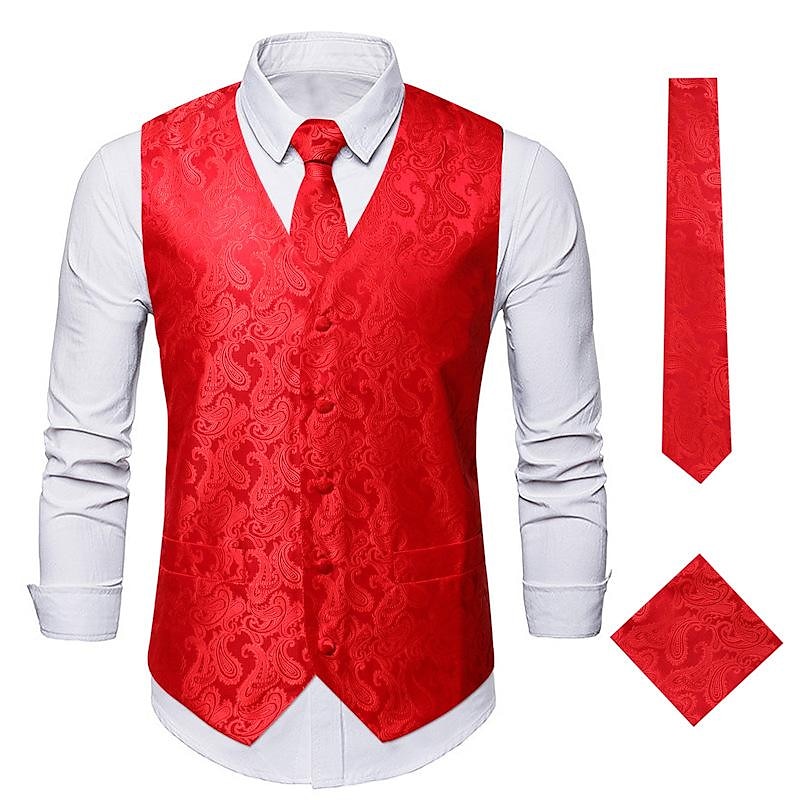 Men's Vest Tie Set Paisley Floral Jacquard Necktie Pocket Square 3PCS Waistcoat Retro Vintage Rococo for Suit or Tuxedo Wedding Party Masquerade 2025 - GBP £25 –P10