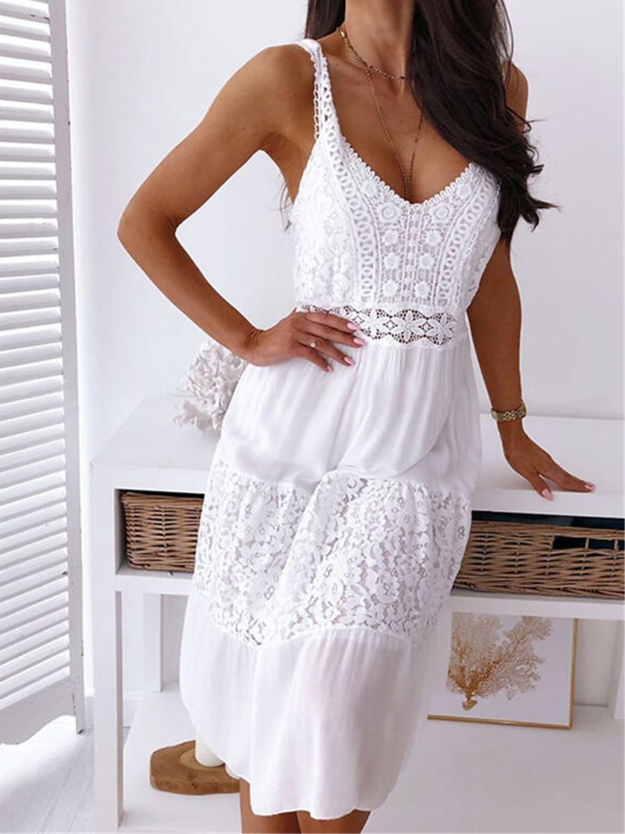 Women's Midi Dress White Dress Graduation Dress White Lace Wedding Dress Boho Dress Fashion Basic Modern Outdoor Daily Weekend Regular Fit Plain Sleeveless Strap White Summer Spring 2025 - $41.99 –P2