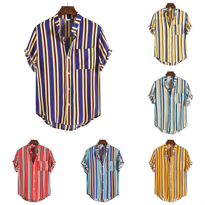 Voor heren Overhemd Zomer overhemd Normaal shirt Overhemd met knopen Gestreepte shirts Geel Blauw Rood Donkerblauw Korte mouw Gestreept Band Kraag Vakantie Straat Afdrukken Kleding 100% katoen 2025 - $21.99 –P1