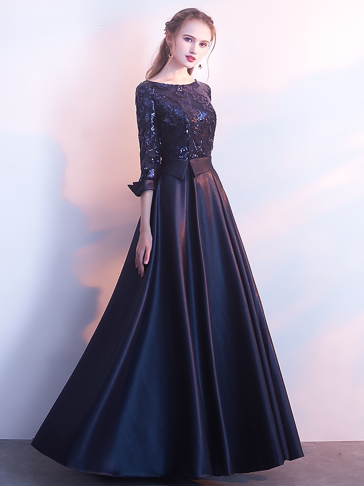 Women‘s Sequin Dress Rose Gold Dress Prom Dress Party Dress Sparkly Dress Swing Dress Maxi long Dress Silver Champagne Dark Blue 3/4 Length Sleeve Color Block Winter Fall Spring Crew Neck 2023 - US $54.99 –P3