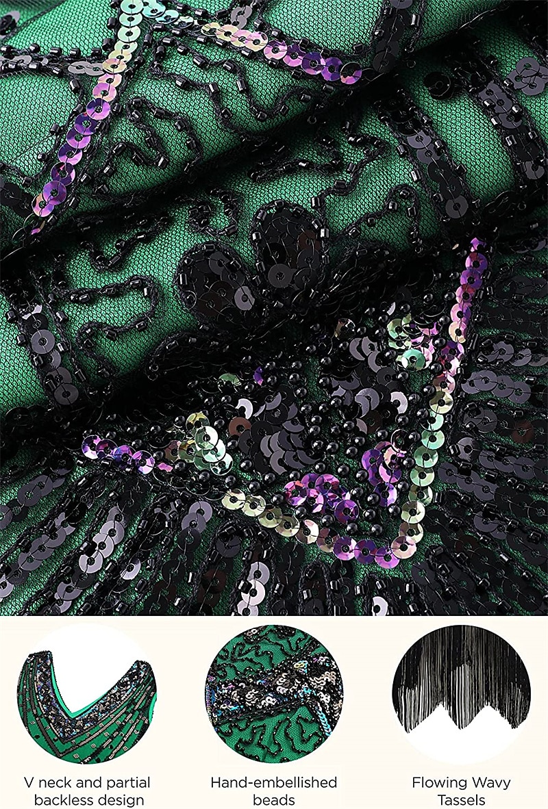 Anni Ruggenti Anni 1920 Midi Abito Flapper Abito da cocktail Set di accessori Senza maniche Il grande Gatsby Invitato al matrimonio Paillettes Frangia con nappe Scollo a V Costume Per donna Mascherata del 2026 a $60.99 –P7