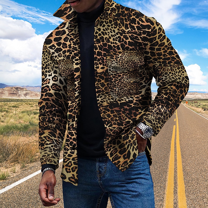 Herr Leopard Skjorta jacka Övertröja Långärmad Mode Streetwear Ledigt vardag Sport & Utomhus Dagliga kläder Helgen Höst vinter Nedvikt Knappar Ficka Mönster Gul Blå Brun Grön 2025 - $37.99 –P3