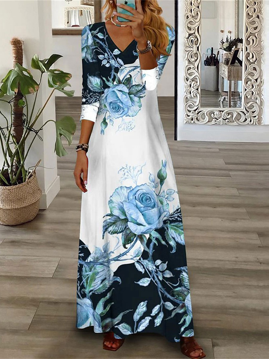 Kjolen Maxi Casual Kjole Blomstertrykk V-Hals Maxi Lang Kjole Casual Daglig Ferie 3/4 Langt Erme Sommer Vår 2025 - $36.99 –P2