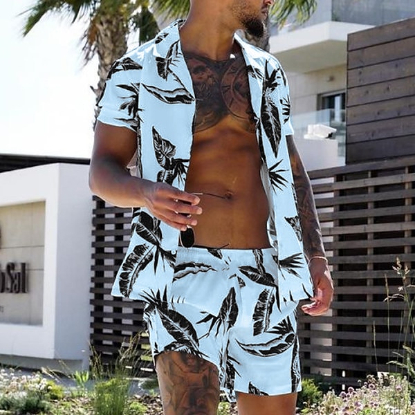 Męskie Liście Rośliny Tropikalne 2szt Zestawy koszul Koszula hawajska Krótki rękaw Krótkie spodnie Wieczorne Moda Hawajskie Designerskie Urlop Codzienny Święto Przycisk w dół Wiosna i lato Biały 2025 - $34.99 –P2