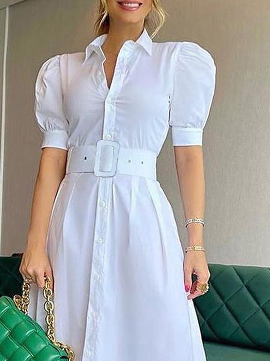 White Fitted Waist Shirt Dress