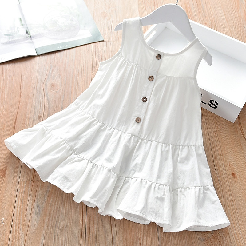 Kids Girls' Dress Solid Color Sleeveless Outdoor Casual Ruched Buttons  Casual Sweet Cotton Midi A Line Dress Tank Dress Summer Spring 3-10 Years  White Green 2026