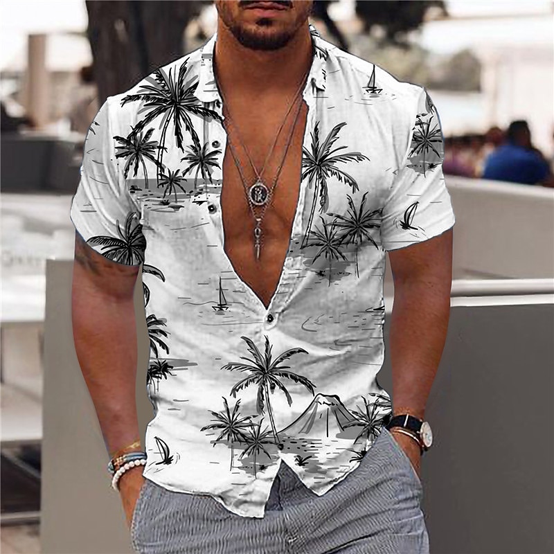 Herr Kokosnötsträd Aloha Tropiska växter Skjorta Hawaii skjorta Kortärmad Skjorta Nedvikt Mode Hawaiisk Designer Utomhus Gata Ledigt Ljusrosa Svartvit Vit Tryck S M L 2025 - $3.59 –P6