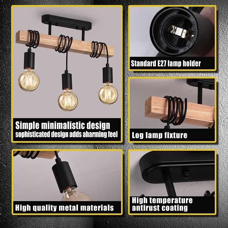 Luz pingente led madeira industrial com lustre pendente ajustável de 3 cabeças luz vintage semi embutida luz de teto sala de estar e27 lâmpada drop light cozinha sala de jantar luz preta suspensa de 2025 por $135.99 –P5