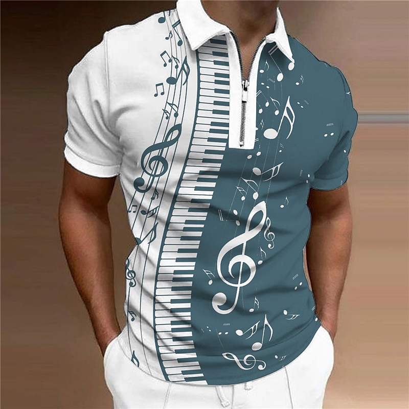 musikfestival Herr Musik Pikétröjor med dragkedja Golftröja Kortärmad Polotröjor Skjortor med krage Ledigt Semesterkläder Festivalkläder Festkläder 3D-utskrift Quarter Zip Polo Svart Vit Blå 2025 - $22.99 –P3