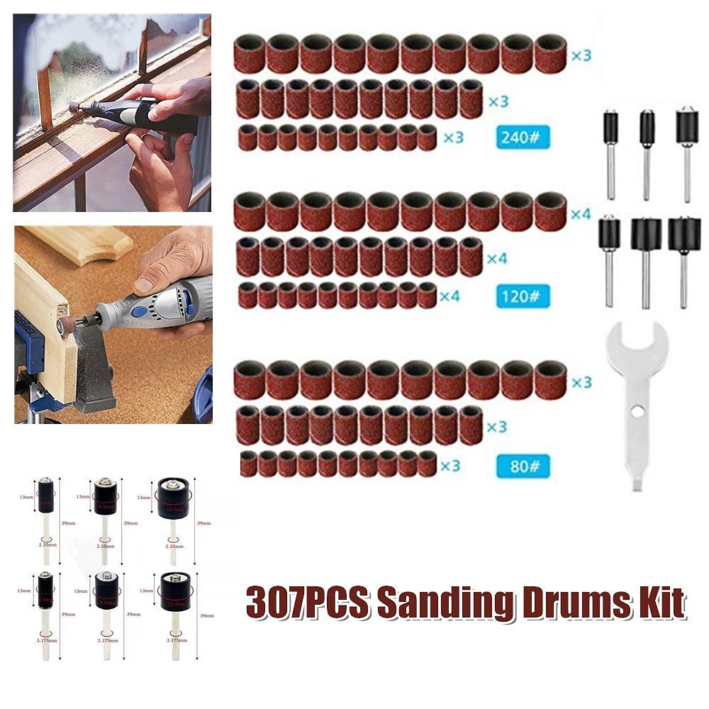 Set di levigatrici a tamburo da 307 pezzi kit di tamburi abrasivi 300 manicotti per nastro abrasivo (80/120/240) + 6 mandrini a tamburo per utensili rotanti Dremel (2,35 mm/3,17 mm) + 1 chiave combinata del 2025 a $23.99 –P6