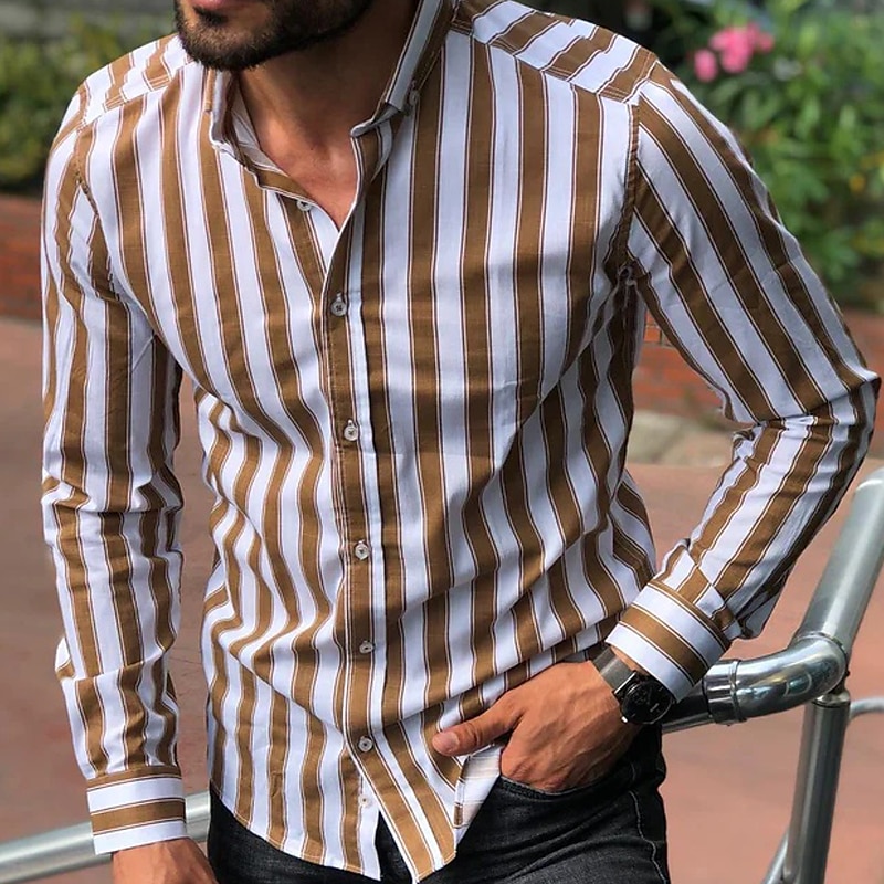 Men's Shirt Summer Shirt Casual Shirt Button Up Shirt Striped Shirts White Yellow Long Sleeve Striped Turndown Vacation Street Clothing Apparel Cotton Cotton Blend Fashion Leisure Comfortable 2025 - $21.99 –P7