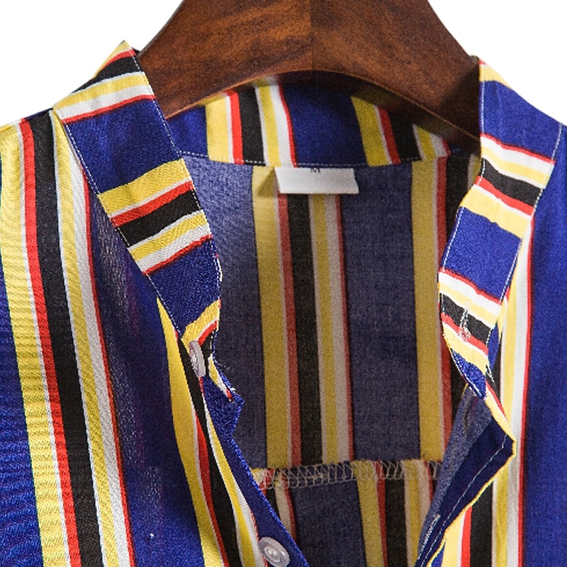Voor heren Overhemd Zomer overhemd Normaal shirt Overhemd met knopen Gestreepte shirts Geel Blauw Rood Donkerblauw Korte mouw Gestreept Band Kraag Vakantie Straat Afdrukken Kleding 100% katoen 2025 - $21.99 –P14