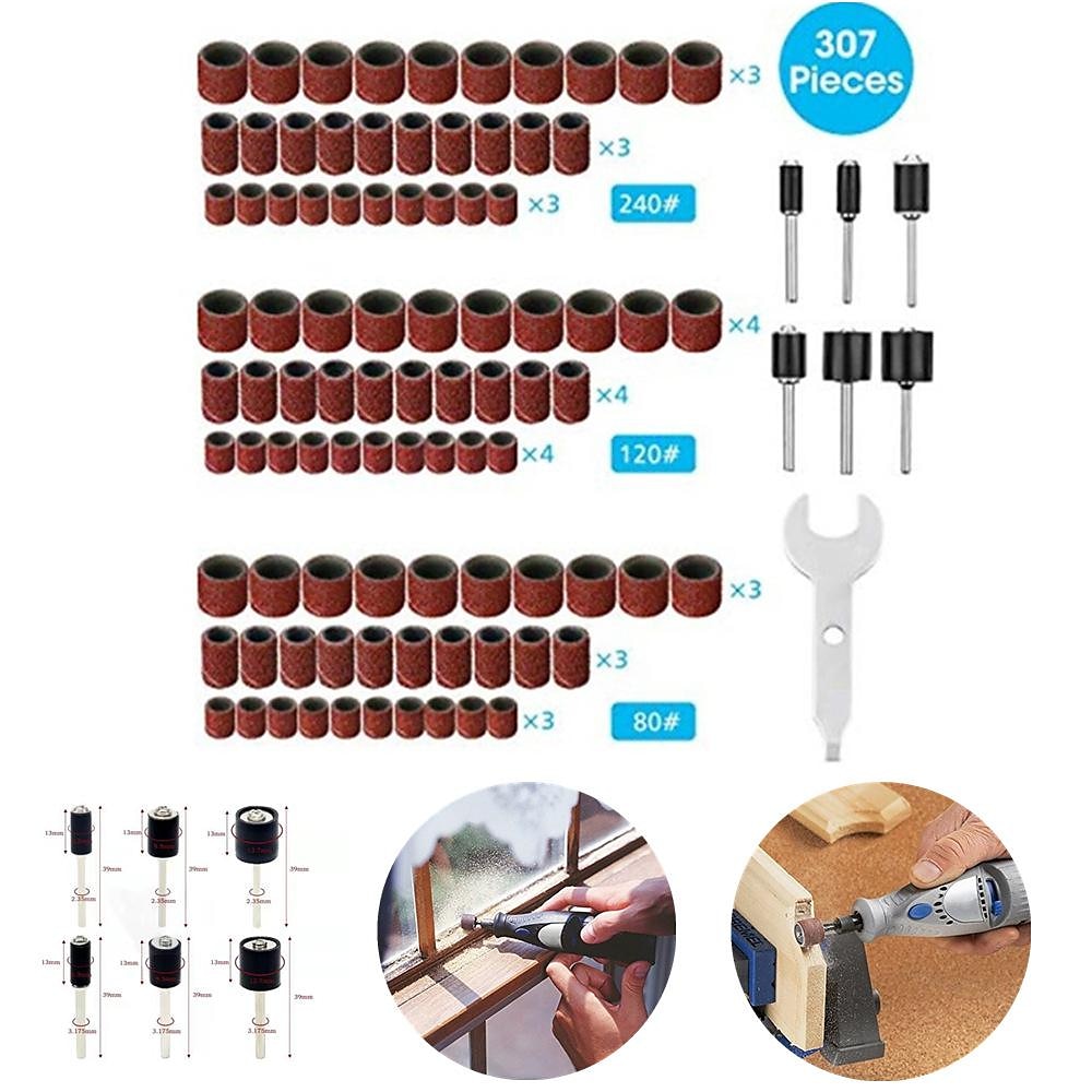 Set di levigatrici a tamburo da 307 pezzi kit di tamburi abrasivi 300 manicotti per nastro abrasivo (80/120/240) + 6 mandrini a tamburo per utensili rotanti Dremel (2,35 mm/3,17 mm) + 1 chiave combinata del 2025 a $23.99 –P9