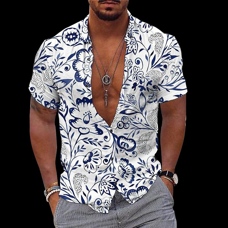 Voor heren Bloemig Tropische bloemen Overhemd Hawaiiaans overhemd Aloha-shirt Lange mouw Overhemd Strijkijzer Modieus Streetwear Ontwerper Buiten Straat Casual Wit blauw Licht Blauw S M L 2025 - $24.99 –P4