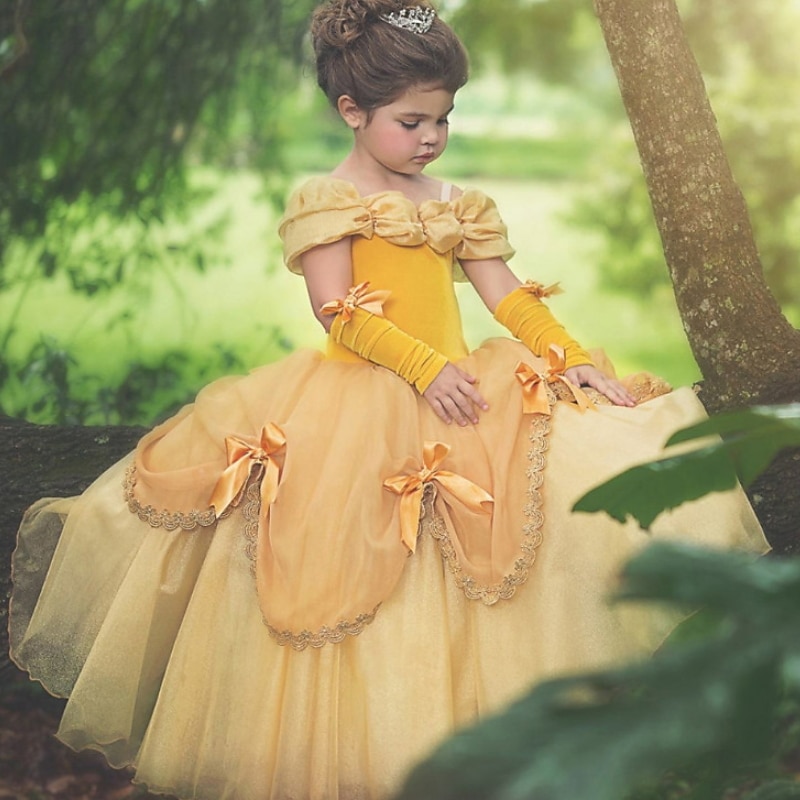 Enfants Fille Robe de fête Couleur unie Manche Courte Utilisation Pegeant Ruché Patchwork Princesse Costume Polyester Maxi robe soirée Robe Évasée Eté Printemps 3-10 ans Jaune de 2025 ? $39.99 –P1