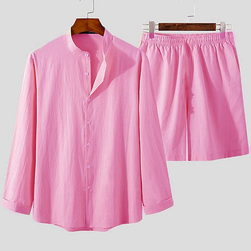 Men's Cotton Linen Shirt 2 Piece Shirt Set Summer Set Summer Shirt Beach Shirt Purple Apricot Long Sleeve Plain Collar Summer Street Daily Clothing Apparel 2 Piece 2024 - $29.99 –P6