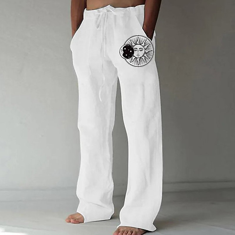 Homens Calças de linho Calças Calça verão Calças de praia Bolsos Com Cordão Imprimir Sol Estampas Abstratas Conforto Ao ar livre Diário Para Noite Roupa de rua à moda Branco Amarelo de 2026 por $24.99 –P6