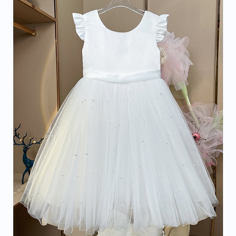 Flower Girl Dress Girls' Princess Dress First Communion Dress Party Dress Formal Performance Wedding Princess Beautiful Ruched Mesh Solid Color Sleeveless V Neck White Pink 2-9 Years 2025 - €30.99 –P4