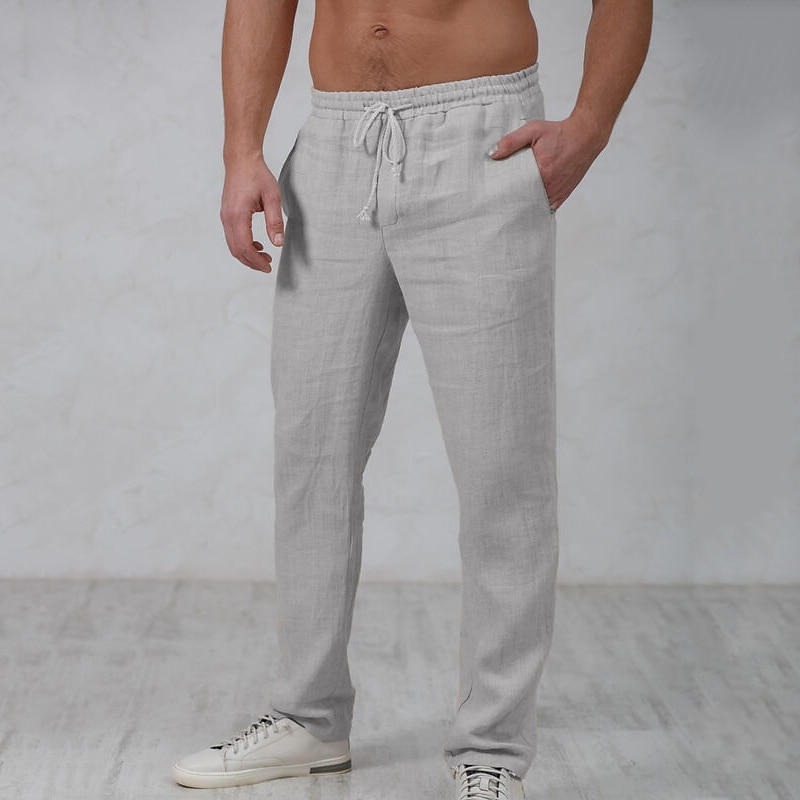 COOFANDY Men's Casual Linen Pants Elastic Waist Drawstring Beach Yoga  Trousers Lightweight Straight Leg Pants with Pockets White Large