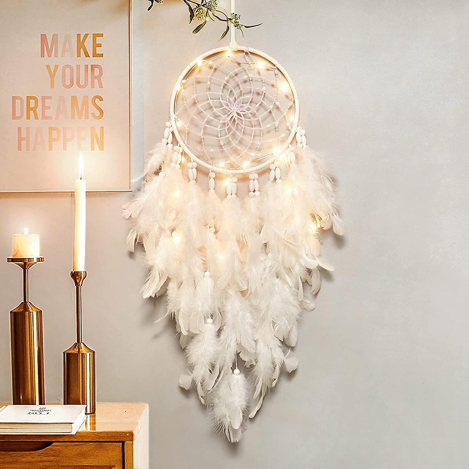 led dromenvanger witte veer kerstverlichting creatieve muur opknoping vakantie slaapkamer huis bruiloft balkon tuin decoratie windgong licht verjaardag zegen cadeau 2025 - $20.99 –P3