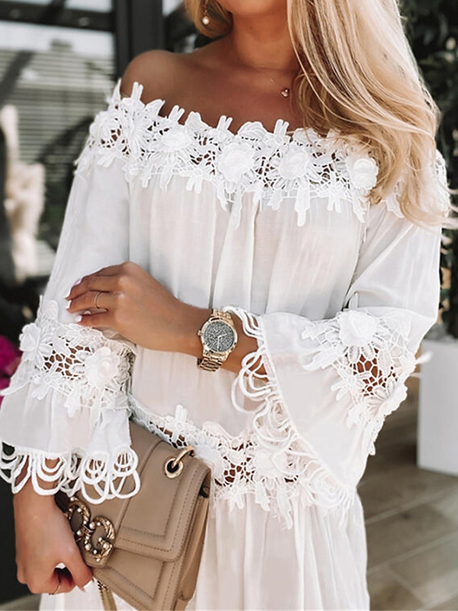 Pentru femei Rochii Midi Rochie albă Rochie de dantela Rochie de schimb Rochie de vară Modă De Bază Modern În aer liber Vacanță Zilnic Potrivire Largă Simplu Lungime Manșon 3/4 De Pe Umăr Alb Var 2025 - $31.99 –P3