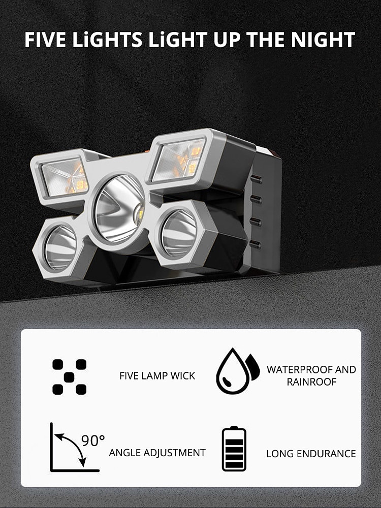 USB Rechargeable LED Head Lamp, Portable 5 LEDs Headlight Torch Work Light for Travel, Camping, Fishing, Hunting Outdoor Camping Adventure 2025 - $16.49 –P3