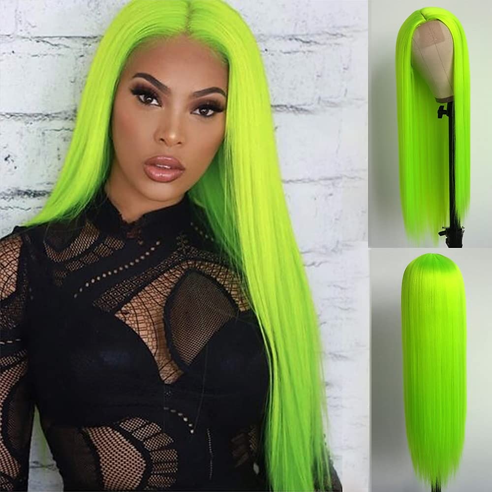 Pelucas verdes peluca sintética larga recta verde irlandés resistente al calor sin frente de encaje con cabello de bebé peluca sin pegamento para fiesta de San Patricio cosplay para mujeres de moda 2025 - $30.99 –P1