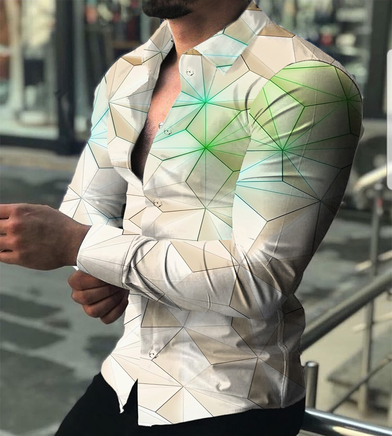 2025年 男性用 カラーブロック 幾何学模様 ジオメトリ シャツ ボタンアップシャツ 長袖 ファッション デザイナー カジュアル アウトドア カジュアル 祝日 秋冬 折襟 プリント ボタンダウン ブラック ホワイト ルビーレッド ブルー グリーン  コレクション – $26.99 –P4